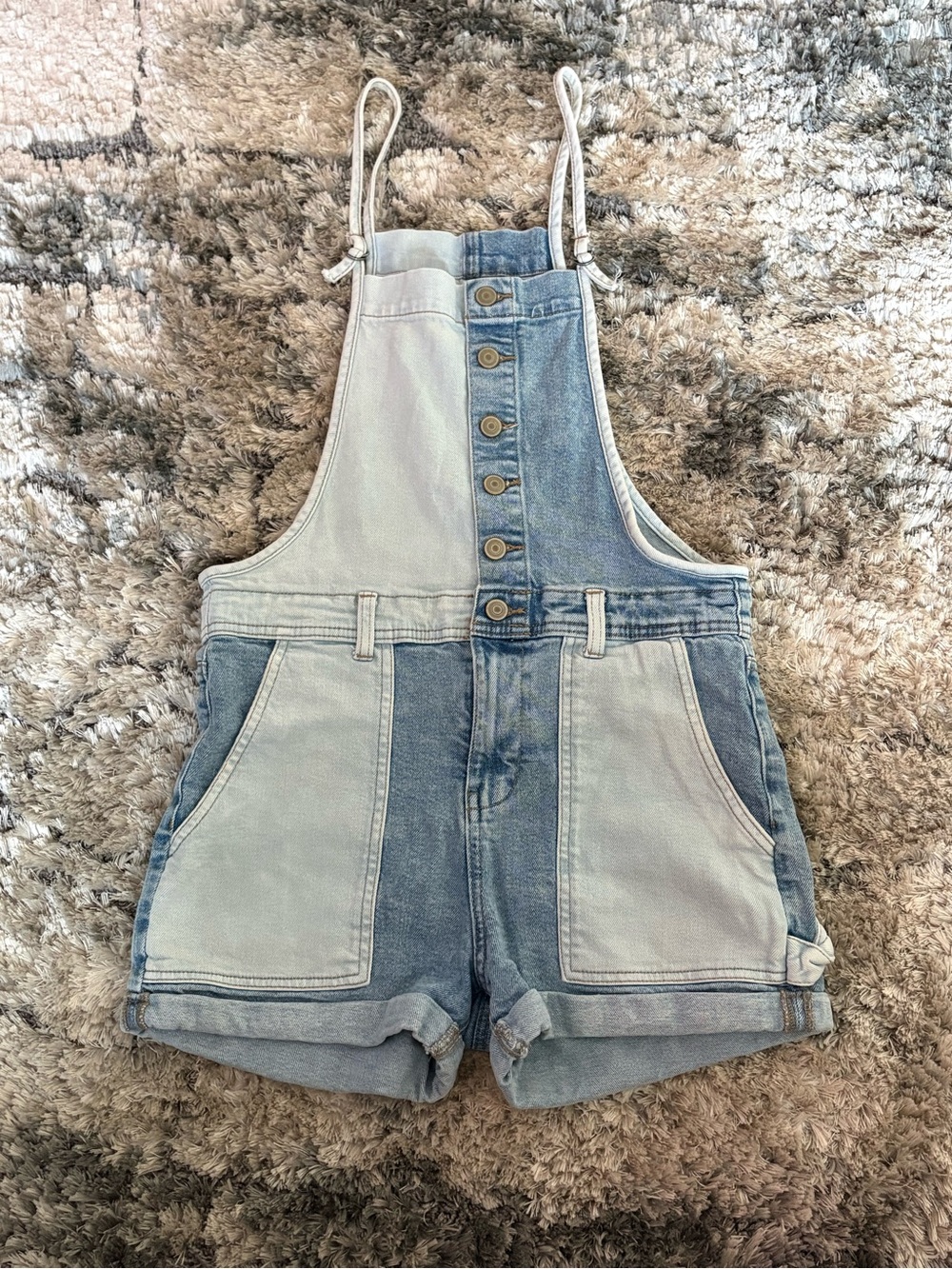 Celebrity Pink Two-Tone Denim Short overalls in Light and Medium Blue